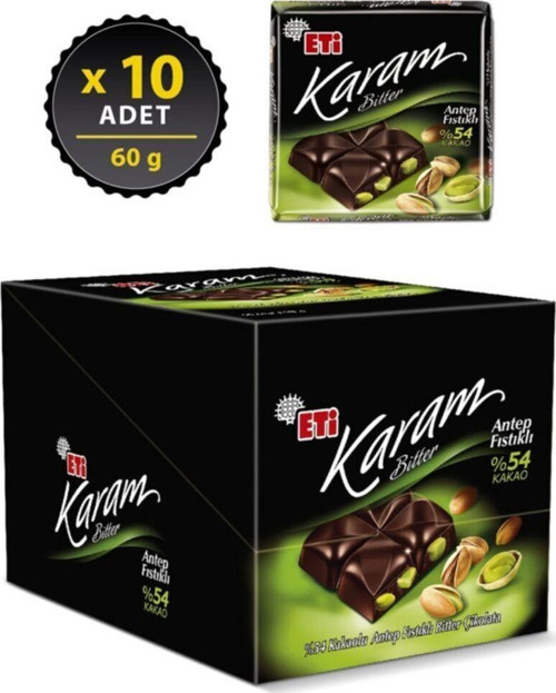Karam Antep Fıstıklı Kakaolu Bitter Çikolata 60 G X 10 Adet
