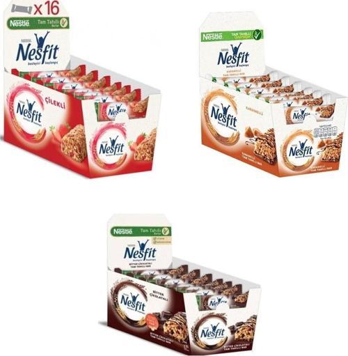 Nesfit Çilekli ,Karamelli, Bitter Çikolatalı Tam Tahıllı Bar 23,5 gr x 16 Adet
