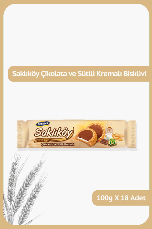 SAKLIKÖY Çikolatalı Kremalı Tam Buğdaylı Bisküvi - 100 gram - 18 Adet