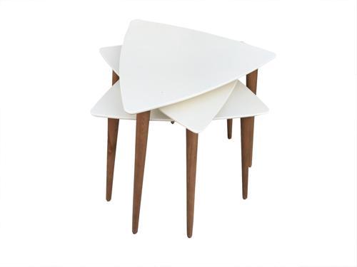 Zigon 13666 Sehpa Ahşap Kayın Retro Konik Ayak Model Üçgen Tabla Beyaz El Yapım