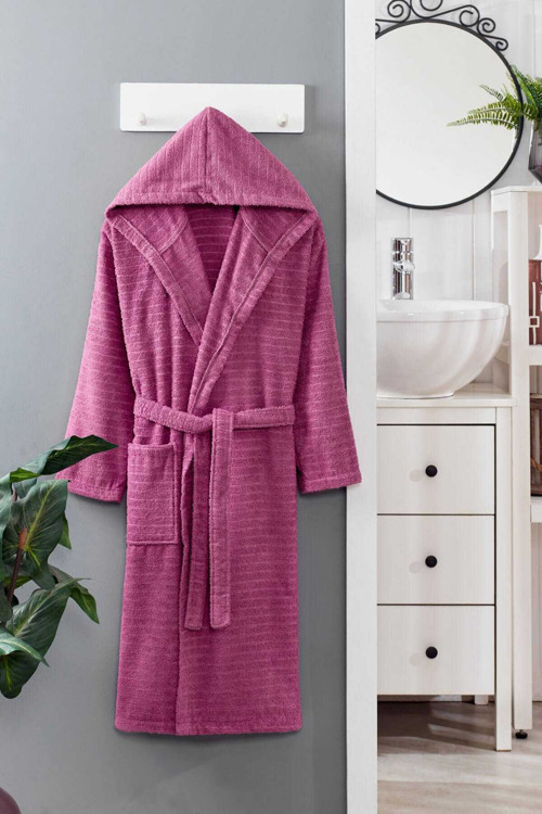 Kapüşonlu Unisex Banyo Bornozu Pamuklu Mürdüm