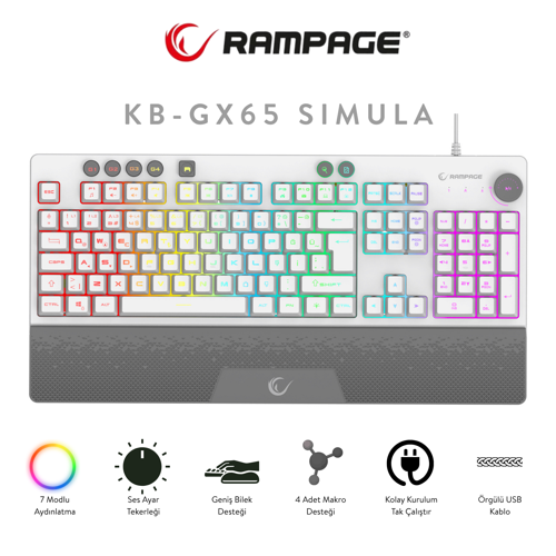 KB-GX65 SIMULA Beyaz USB RGB Aydınlatmalı 4 Makro Tuşlu Bilek Destekli Gaming Oyuncu Klavyesi
