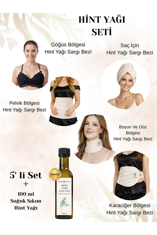 HİNT YAĞI SARGI 5'Lİ SET:KARACİĞER, PELVİK, BOYUN, SAÇ VE GÖĞÜS SARGI BEZİ+100 ML HEXANSIZ HİNT YAĞI