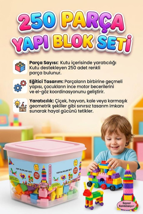 250 Parçalı Saklama Kutulu Renkli Bloklu Eğlenceli Sayısız Kombinasyonlu Eğitici Yapı Oyuncak Seti PEMBE