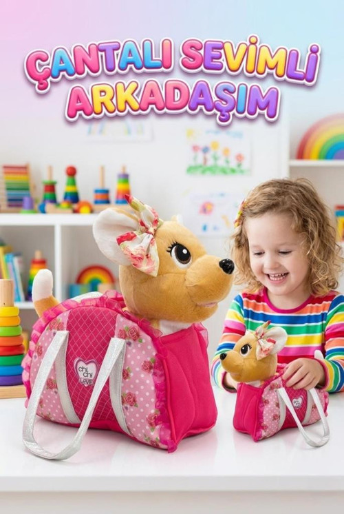 Şık Taşıma Çantalı, Şarkı Söyleyen ve Kuyruk Sallayan Çiçekli Çanta ve Kurdeleli Peluş Chihuahua