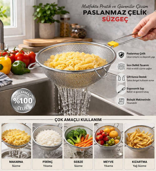 Çelik Süzgeç Paslanmaz Bakliyat Süzgeci 18 CM