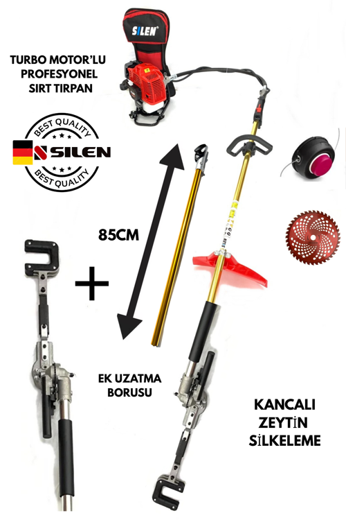 Turbo Motorlu Benzinli Sırt Tırpan + Kancalı Zeytin & Badem Silkeleme Hasat + Ek Uzatma Aparatı 6,8 Hp