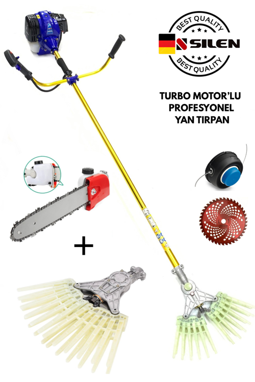 Turbo Motorlu Benzinli Yan Tırpan + Dal Budama + Tırnaklı Zeytin & Badem Silkeleme Hasat Aparatı 6,8 Hp
