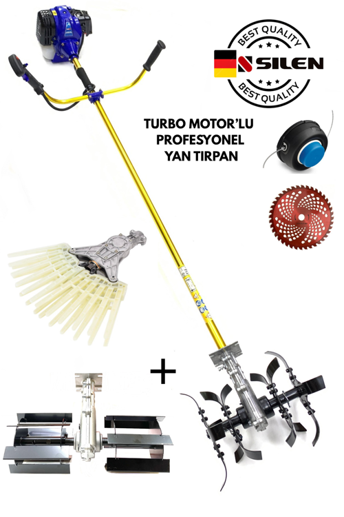 Turbo Motorlu Benzinli Yan Tırpan + Çift Toprak Çapalama + Tırnaklı Zeytin & Badem Silkeleme Hasat Aparatı 6,8 Hp