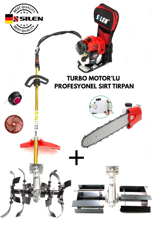 Turbo Motorlu Benzinli Sırt Tırpan + Toprak Çapalama + Dal Budama Aparatı 6,8 Hp