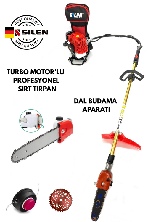 Turbo Motorlu Benzinli Sırt Tırpan + Dal Budama Aparatı 6,8 Hp