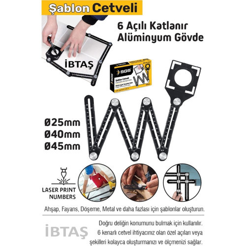 970 6 Açılı Katlanır Alüminyum Gövde Açı Ölçer Şablon Cetveli