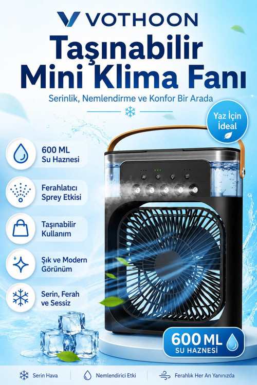 Taşınabilir Işıklı 5 Spreyli Vantilatör Buzlu Buharlı Vantilatör Mini Fan Nemlendirici Buharlı 600