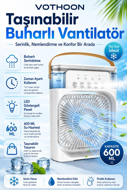 Taşınabilir Işıklı 5 Spreyli Vantilatör Buzlu Buharlı Vantilatör Mini Fan Nemlendirici Buharlı 600
