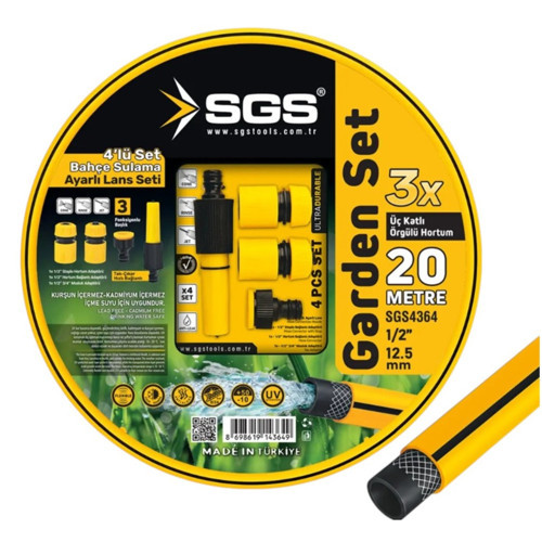 SGS4364 Bahçe Sulama Hortumu Seti 20 Metre 1/2’’ Örgülü Hortum 4’lü Ayarlı Lans Seti