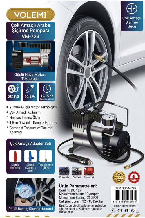 VM-723 Çok Amaçlı Araç Lastik Şişirme Pompası Hava Kompresörü 12V 250 PSI Çakmaklık Girişli