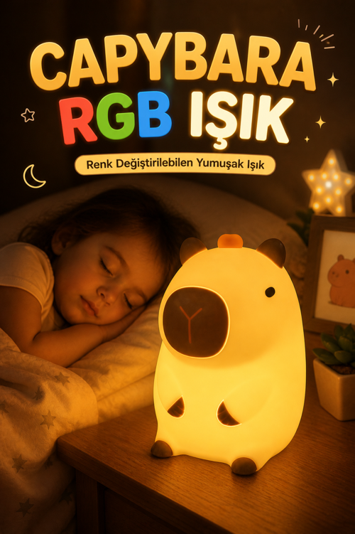 Capybara RGB Gece Lambası Dokunmatik Silikon Pilli Çocuk Bebek Uyku Işığı Renkli Işık