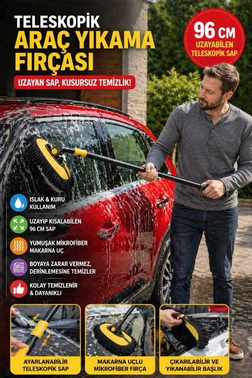 Teleskopik Araç Yıkama Fırçası 96 cm Mikrofiber Oto Temizlik Fırçası Jant Cam Tavan