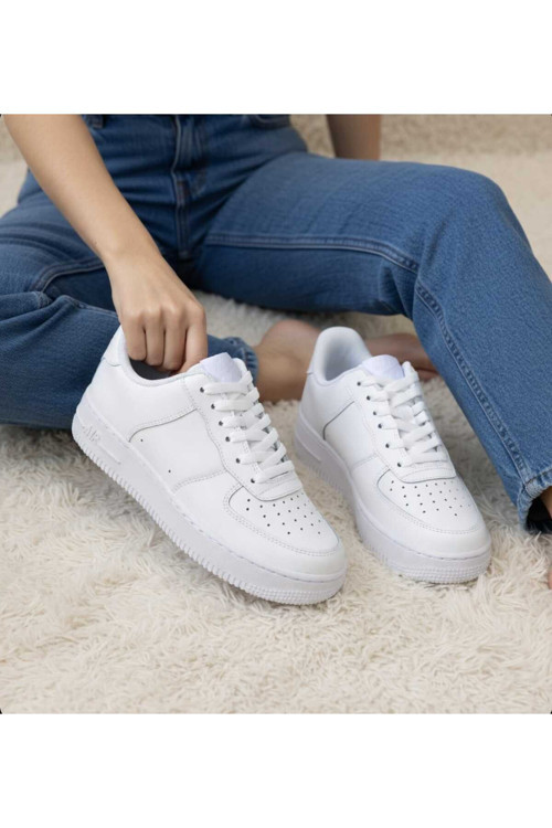 Kadın Günlük Kalın Taban Sneakers Bağcıklı Beyaz Rahat Model Yürüyüş Ayakkabısı
