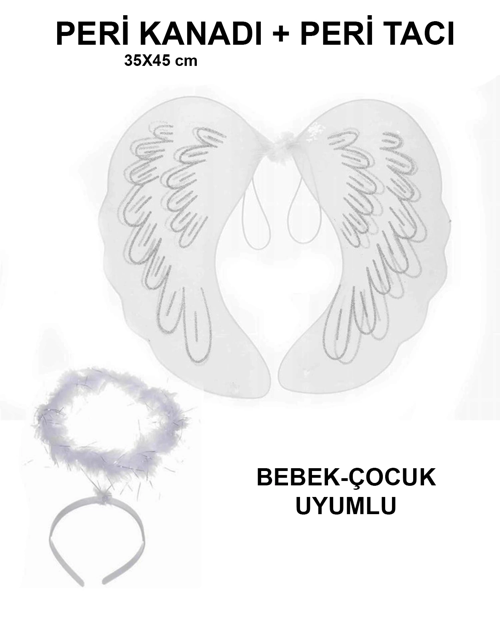 Beyaz Dantel Tüllü Peri Kanadı Peri Tacı Seti 45X40 Cm