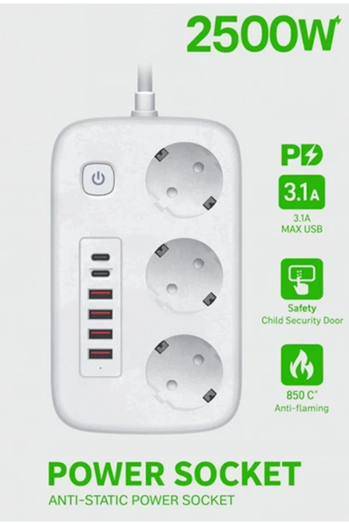Akım Korumalı Priz Masaüstü Şarj İstasyonu Kablosuz 3 Priz ,4 Usb, 2 Type-C Girişli 2 Metre