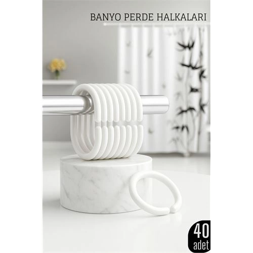 40 Adet Esnek Banyo Duş Perdesi Halkası Beyaz - C Tipi Kolay Montaj Geçme Perde Halkası Seti 719911