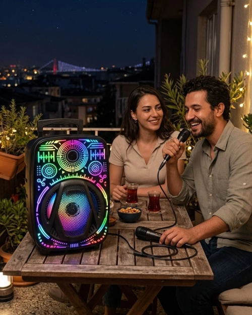 Taşınabilir Bluetooth Speaker Mikrofonlu Rgb Işıklı Karaoke Ses Sistemi