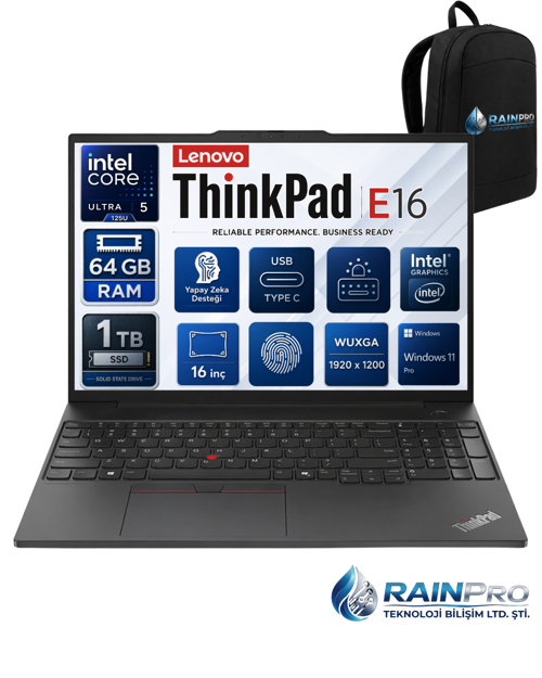 Thinkpad E16 Gen2 Intel Core Ultra 5 125U 64 GB DDR5 1 TB SSD 16" Wuxga IPS Windows 11 Pro Taşınabilir Bilgisayar 21MA00