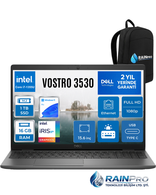Vostro 3530 Intel Core İ7-1355U 16 GB 1 TB SSD Fhd 15.6'' İntel İris XE Graphics Windows 11 Pro Dizüstü Bilgisayar N1601