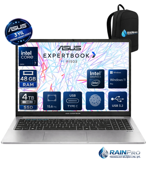 ExpertBook P1503CVA Intel® Core™ 7-240H 48 GB DDR5 4 TB SSD 300NITS 15.6" FHD Windows 11 Pro Taşınabilir Bilgisayar