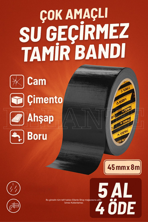 Çok Amaçlı Su Geçirmez Sızdırmaz Dayanıklı Izolasyon Siyah Tamir Bandı 45 Mm 8 Mt 1 Adet Güçlü