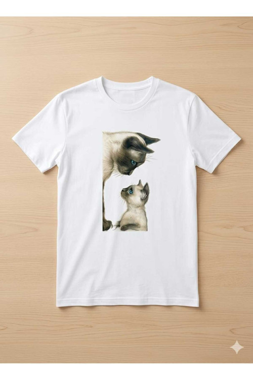 Anne ve Yavru Kedi İllüstrasyonlu Pamuklu Unisex Beyaz Tshirt