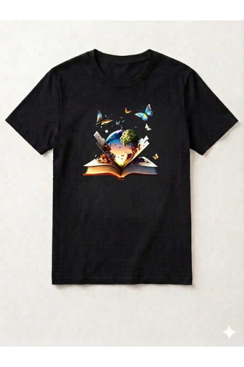 Masalsı Kelebek Ve Doğa Temalı Kitap Kurdu Tasarımlı T-shirt