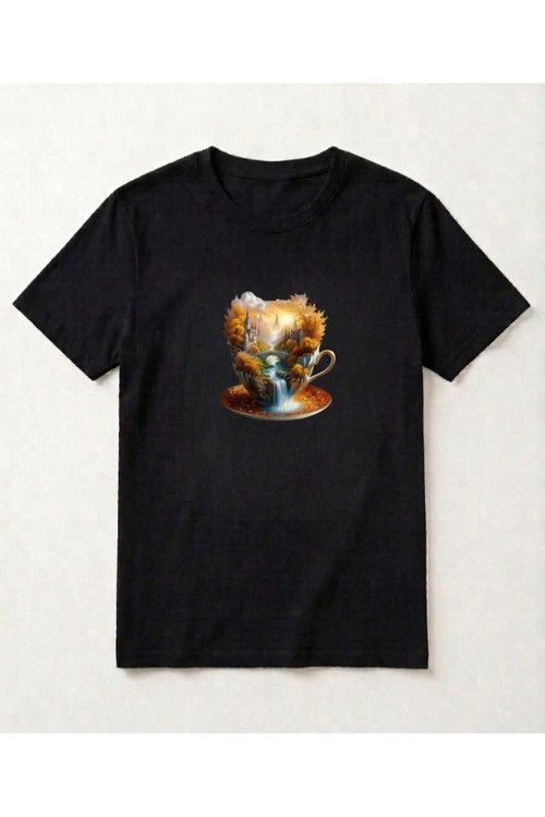 Şelale Ve Doğa Temalı Fincan İllüstrasyonlu Pamuklu T-shirt