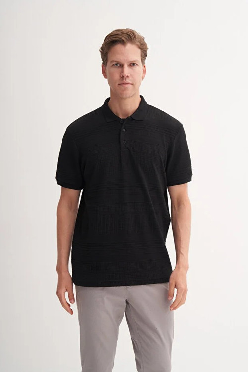 Polo Yaka Regular Fit Örme Tişört Erkek Siyah