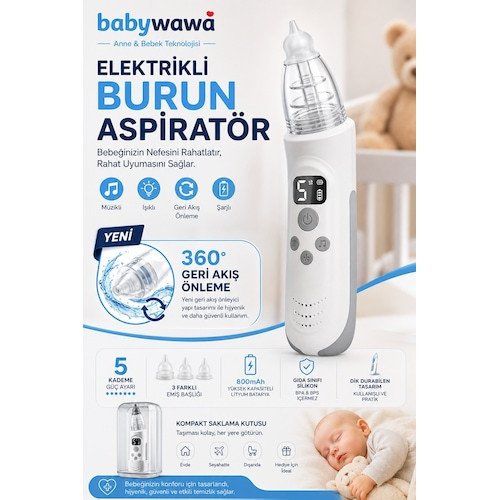 H-032 Elektrikli Burun Aspiratörü 0-12 Yaş Şarjlı Nazal Aspiratör 5 Kademe Güçlü Vakum Led