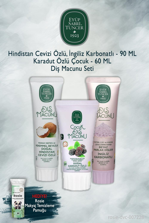 3'lü Eyüp Sabri Tuncer 90 ml Hindistan Cevizi, Karbonat, 60 ml Karadut Diş Macunu, Rosie