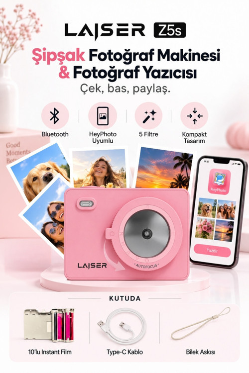 Z5s İnstant Kamera ve Fotoğraf Yazıcısı - Şipşak Fotoğraf Makinesi -Pembe