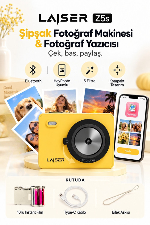 Z5s İnstant Kamera ve Fotoğraf Yazıcısı - Şipşak Fotoğraf Makinesi - Sarı