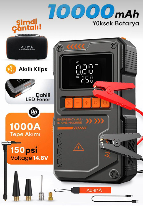 Akü Takviye Cihazı 10.000mAh 4-in-1 Hava Kompresörü Powerbank SOS Fener A8822 Auhma