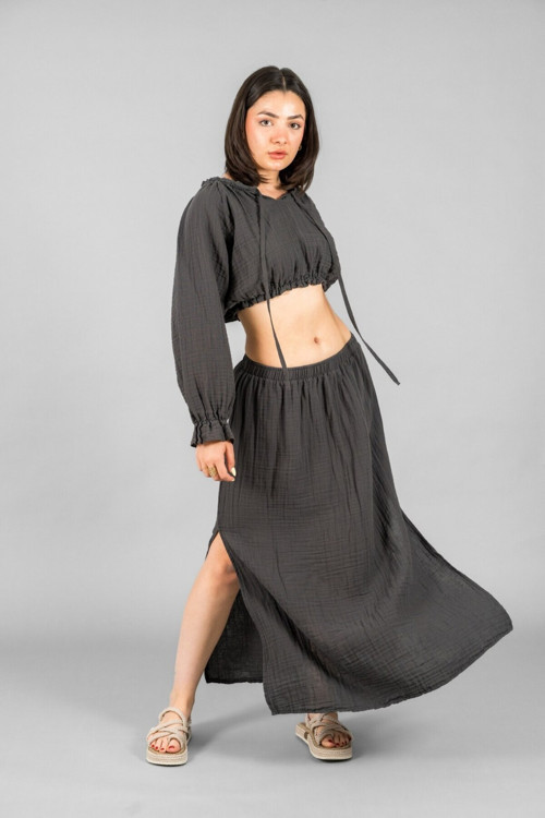 Yırtmaçlı Etek-Reglan Kol Crop Takım