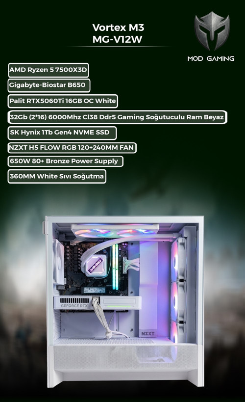 Vortex MG-V12W Amd Ryzen 7500X3D 32GB Ram Rtx 5060TI 16GB 1 TB SSD Beyaz Set Oyuncu OEM PAKET