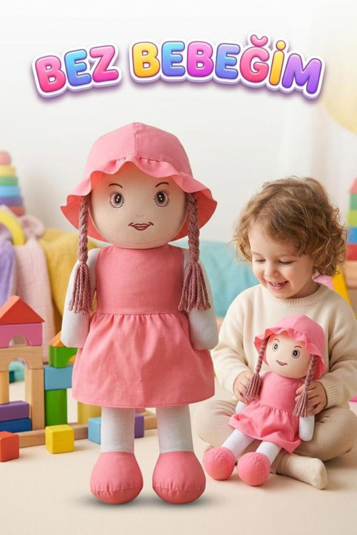 Ayşe Bebek! 58cm Dev El Yapımı Renkli Şapkalı ve Elbiseli Oyun Arkadaşı Oyuncak Bez Bebek PEMBE
