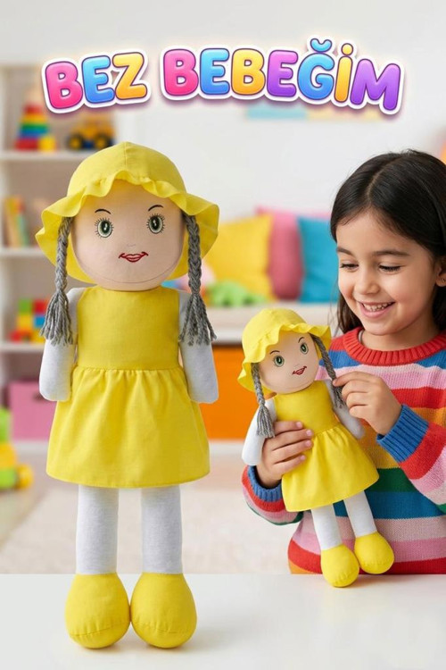 Ayşe Bebek! 58cm Dev El Yapımı Renkli Şapkalı ve Elbiseli Oyun Arkadaşı Oyuncak Bez Bebek SARI