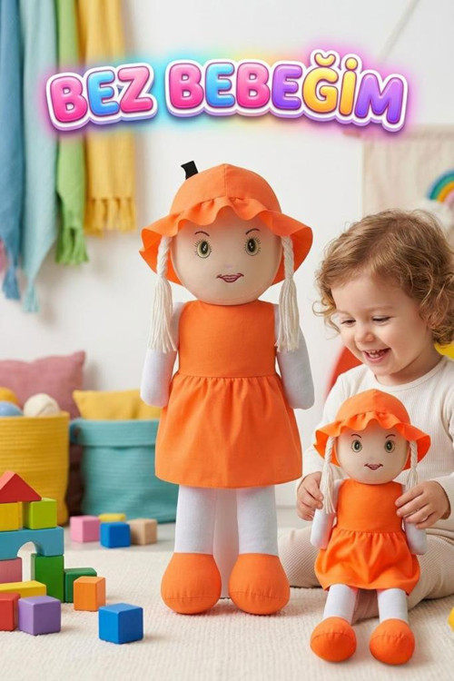 Ayşe Bebek! 58cm Dev El Yapımı Renkli Şapkalı ve Elbiseli Oyun Arkadaşı Oyuncak Bez Bebek TURUNCU