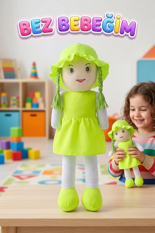 Ayşe Bebek! 58cm Dev El Yapımı Renkli Şapkalı ve Elbiseli Oyun Arkadaşı Oyuncak Bez Bebek YEŞİL
