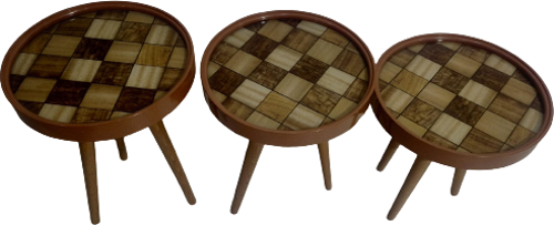 Zigon 19625Sehpa Çember DAMALI Model Kayın Retro Ceviz 3 Ayak Üstü Cam El Yapım