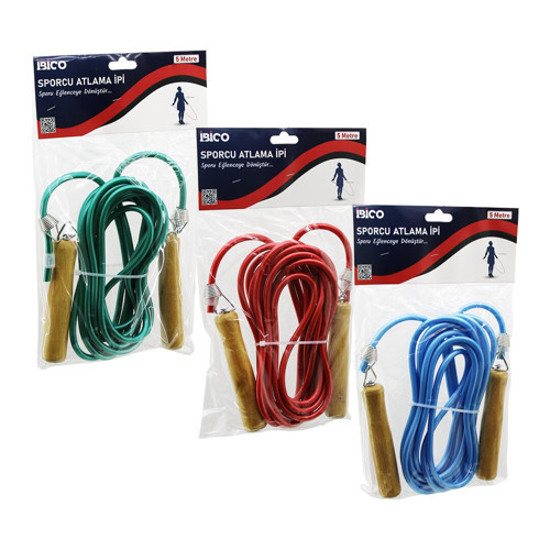 AHŞAP SAPLI PVC ATLAMA İPİ RENKLİ 5MT (5250)