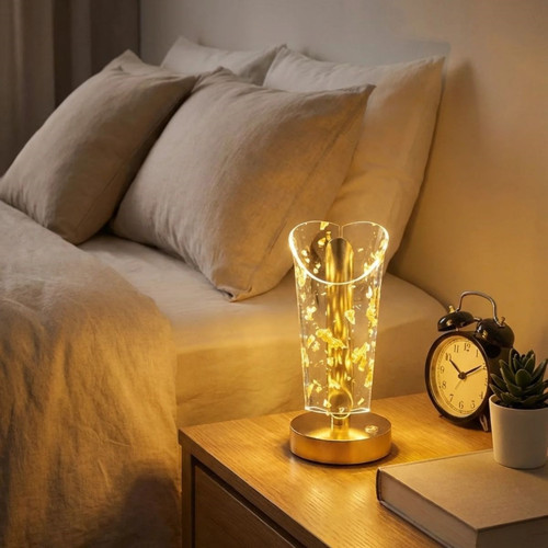 Açık Silindirik Kristal Altın Toz Model LED Masa Lambası – Gold Tabanlı, Dokunmatik, 3 Renk Işık Modlu, Şarjlı Modern Dekoratif Gece Lambası (5250)
