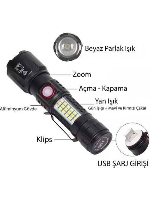 WS-2828 Ultra USB Şarjlı Polis El Feneri, Bekçi, Asker El Feneri Kırmızı Mavi Çakarlı 1000 Lümen (5250)